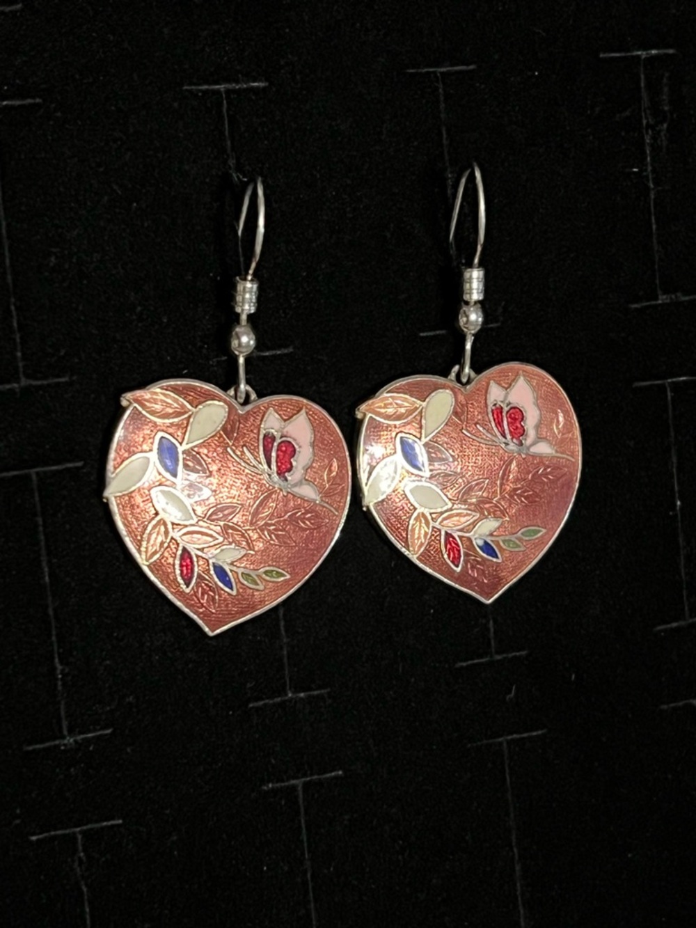 Heart-Shaped Enamel Floral Drop Earrings - Rose Copper